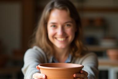 En person som stolt viser frem sin første leirskål.