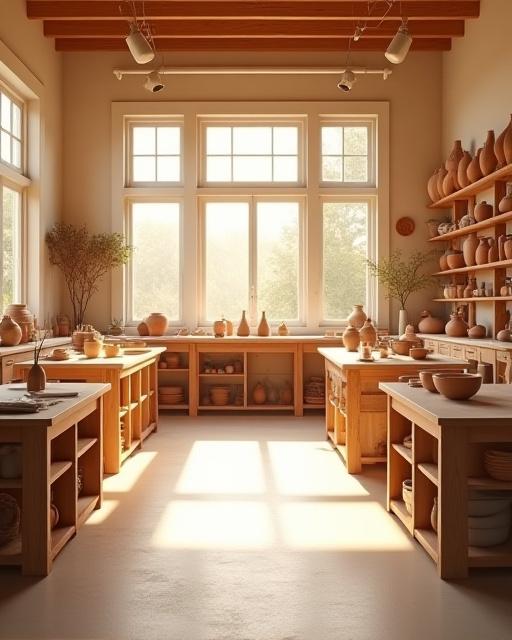 Interiør av det lyse og innbydende Solfarge Pottemakeri-verkstedet.